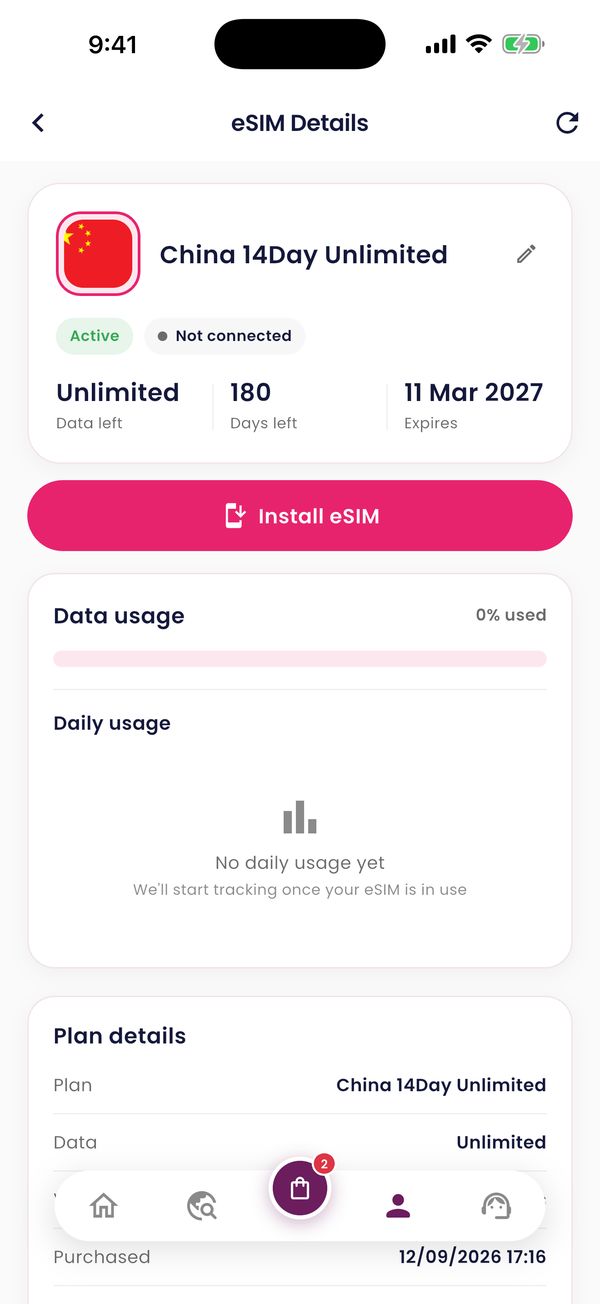 SimplySIM app showing an active eSIM with data left and expiry date
