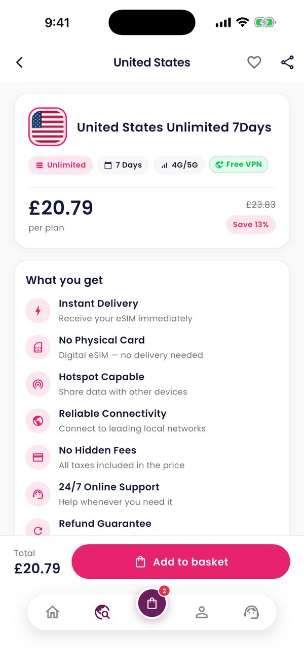 SimplySIM app showing a United States unlimited eSIM plan